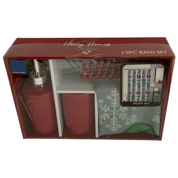 Christmas Bathroom Gnome Ensemble Set Santa Snowy Day 15 Piece Grey Multicolor - Picture 5 of 11